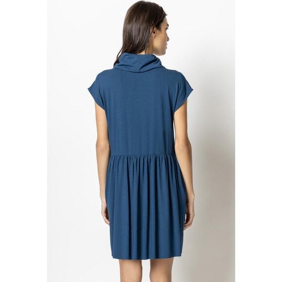 Lilla P Cowl Mini Dress Size S Blue Lagoon Viscose Stretch Shift Sustainable - Picture 3 of 11